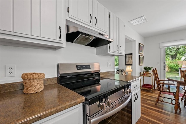 2506 Woodlawn Dr, Charleston, IL 61920 - kitchen featuring electric stove, under cabinet range hood, dark countertops, and white cabinetry