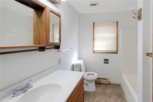 full bathroom featuring visible vents, toilet, vanity, and a baseboard radiator