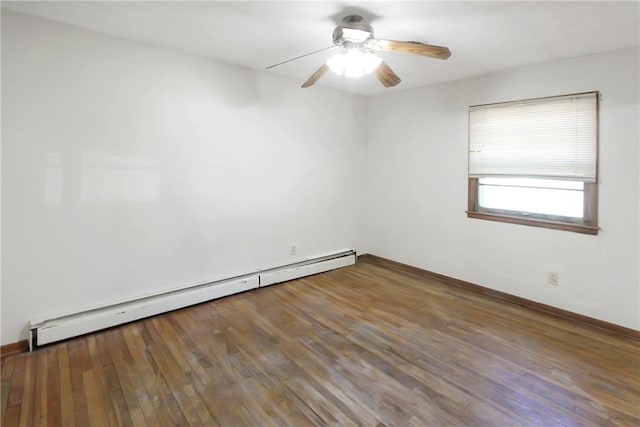 unfurnished room featuring baseboard heating, wood finished floors, and a ceiling fan