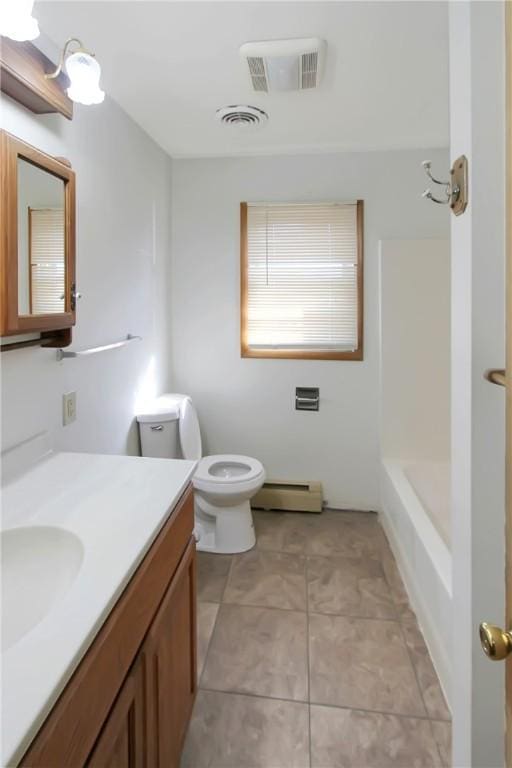 bathroom with visible vents, toilet, baseboard heating, and vanity