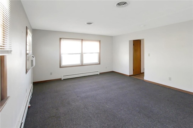 unfurnished room with baseboards, baseboard heating, and carpet