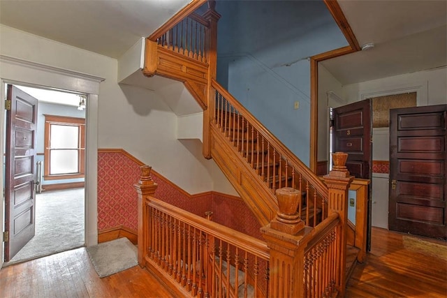 staircase featuring hardwood / wood-style flooring