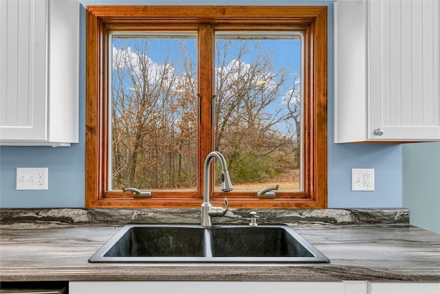 interior details featuring white cabinetry and sink