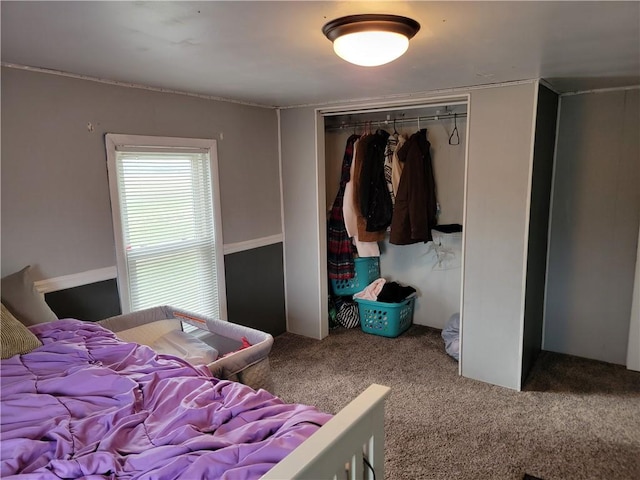 bedroom featuring carpet flooring and a closet