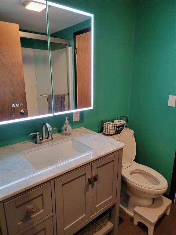bathroom featuring toilet, vanity, and a shower stall