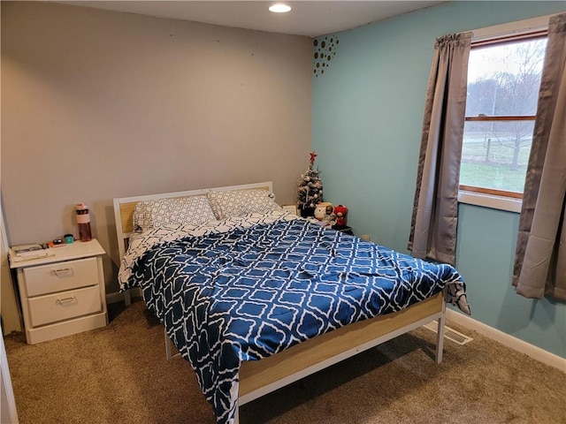 bedroom featuring carpet, baseboards, and recessed lighting