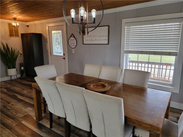 dining space featuring wooden ceiling, wood finished floors, baseboards, ornamental molding, and an inviting chandelier
