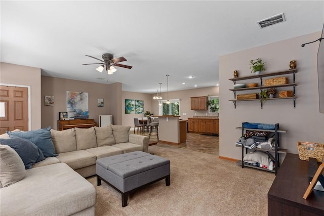 485 County Road 600 N, Neoga, IL 62447 - living room featuring light colored carpet, ceiling fan, and recessed lighting