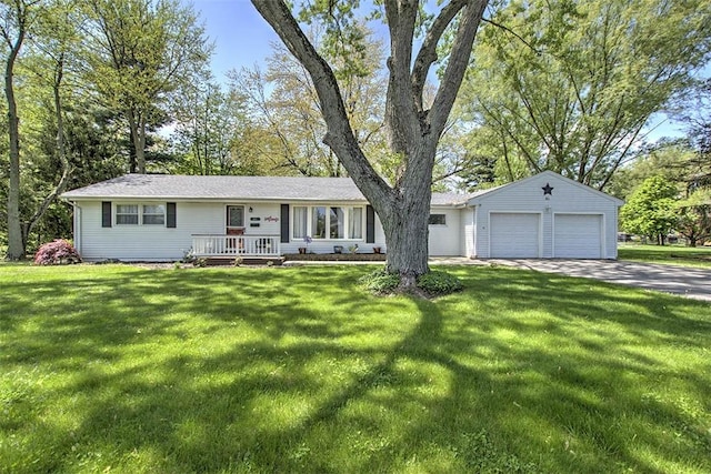 single story home featuring a garage, driveway, and a front yard