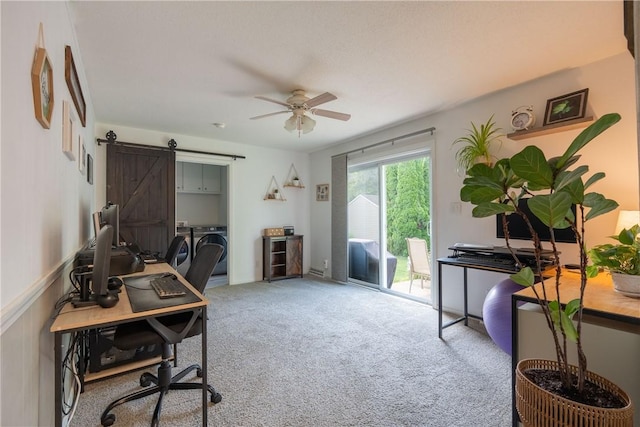 1203 Temple Ave, Effingham, IL 62401 - office with washing machine and clothes dryer, ceiling fan, carpet floors, and a barn door