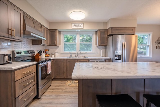 1203 Temple Ave, Effingham, IL 62401 - kitchen with stainless steel appliances, a breakfast bar area, light wood finished floors, tasteful backsplash, and a textured ceiling