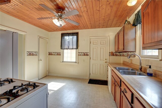 164 S Linden Ave, Decatur, IL 62522 - kitchen with a sink, light countertops, wood ceiling, brown cabinetry, and ceiling fan