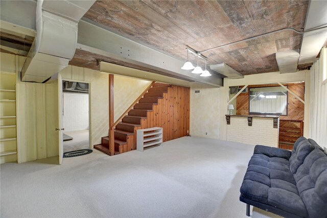 164 S Linden Ave, Decatur, IL 62522 - finished basement with stairway, carpet flooring, and wood walls