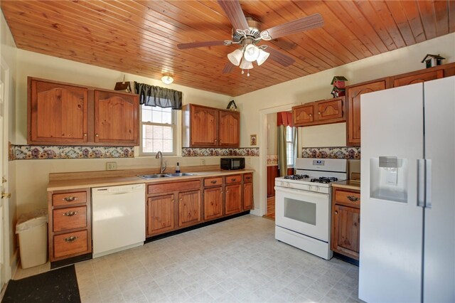 164 S Linden Ave, Decatur, IL 62522 - kitchen with white appliances, a sink, brown cabinetry, ceiling fan, and light countertops