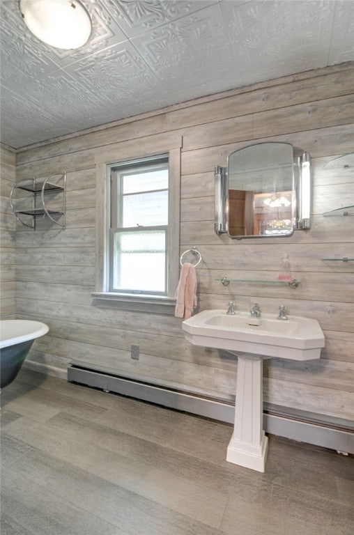 319 N Macon St, Moweaqua, IL 62550 - bathroom with wooden walls, an ornate ceiling, and wood finished floors