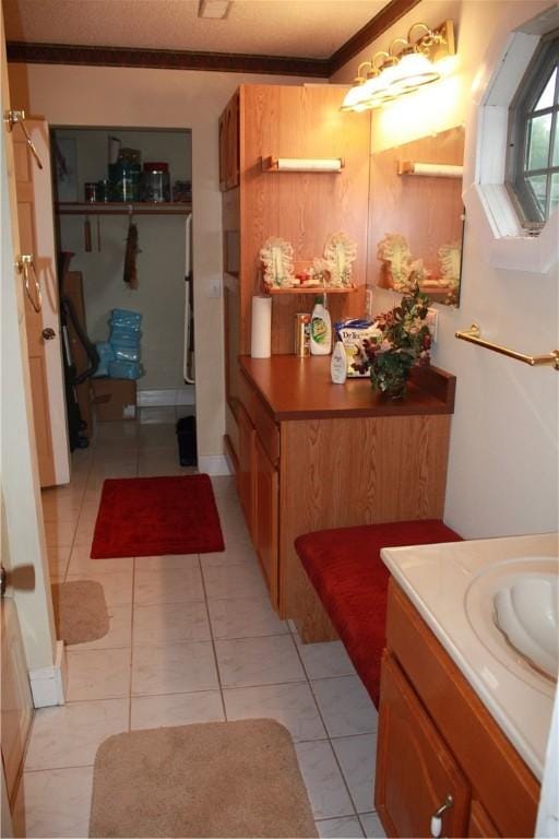 235 E 150 N Rd, Hammond, IL 61929 - bathroom featuring vanity, ornamental molding, and tile patterned flooring