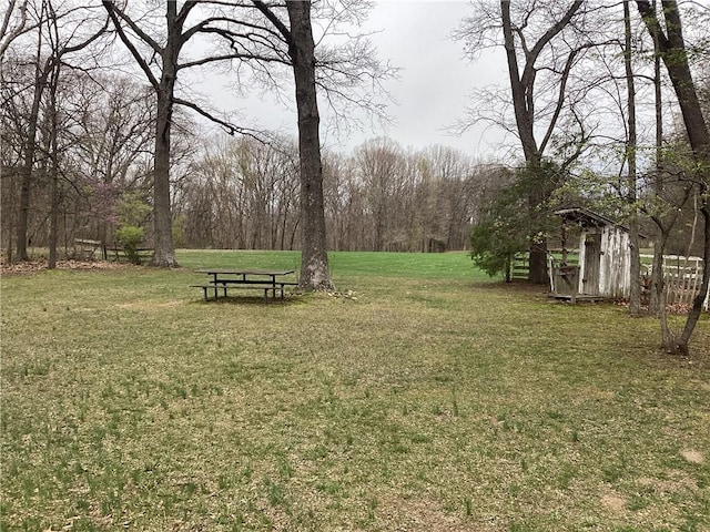 view of yard with a storage shed and an outdoor structure