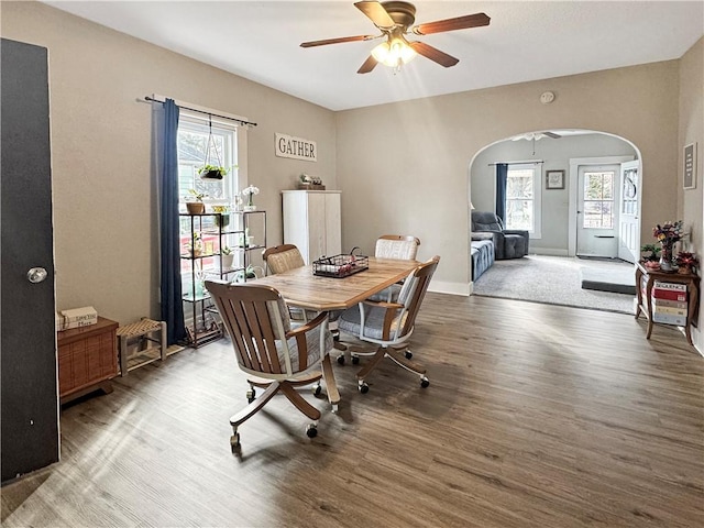 dining room with arched walkways, plenty of natural light, wood finished floors, and baseboards