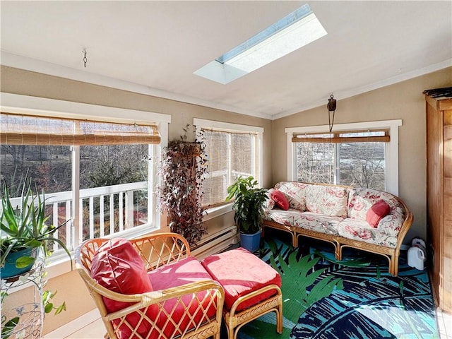 sunroom with lofted ceiling with skylight