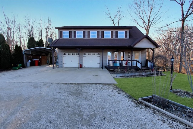 view of front of house featuring a garage, a porch, concrete driveway, and a front yard