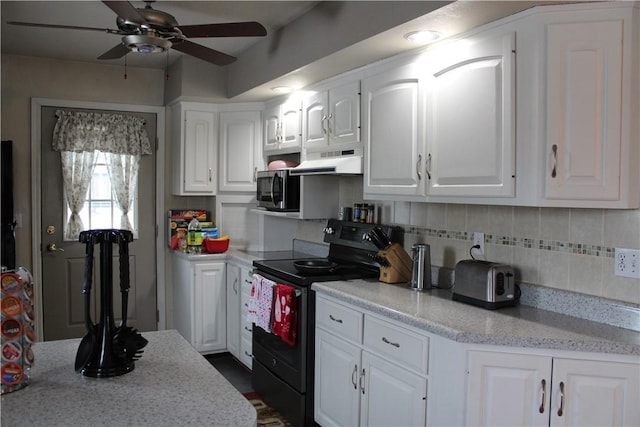 kitchen featuring white cabinetry, ceiling fan, black range with electric cooktop, and tasteful backsplash