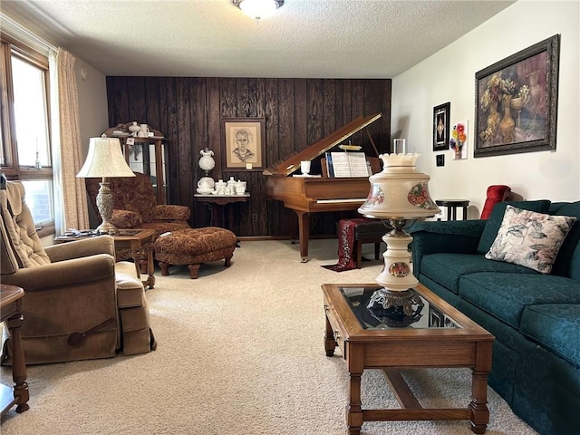 601 Holiday Dr, Effingham, IL 62401 - living room with carpet, a textured ceiling, and wood walls