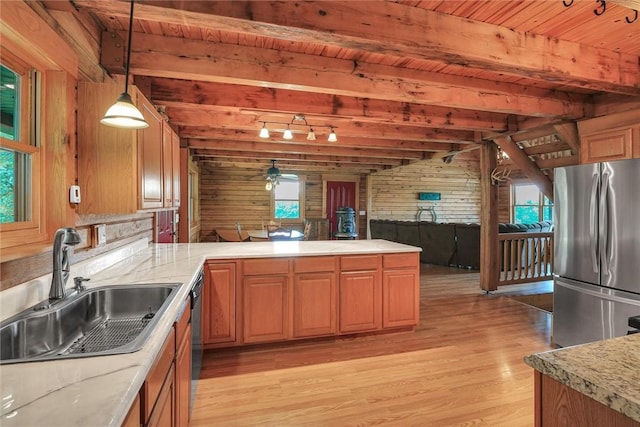 9092 N County Road 2150 E, Ashmore, IL 61912 - kitchen featuring stainless steel appliances, a sink, light wood finished floors, rail lighting, and a peninsula