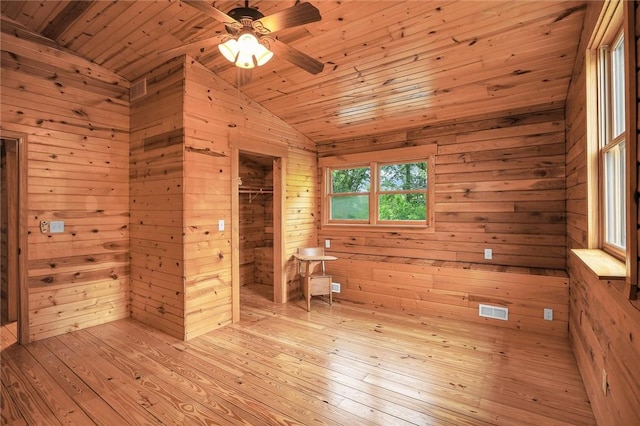 9092 N County Road 2150 E, Ashmore, IL 61912 - spare room featuring vaulted ceiling, wooden ceiling, wooden walls, a ceiling fan, and light wood-type flooring