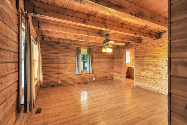 9092 N County Road 2150 E, Ashmore, IL 61912 - empty room with light wood-type flooring, healthy amount of natural light, wood walls, a ceiling fan, and wooden ceiling with exposed beams
