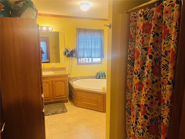 bathroom featuring tile patterned floors, vanity, ornamental molding, and walk in shower