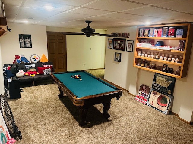 game room with carpet, a drop ceiling, ceiling fan, and pool table