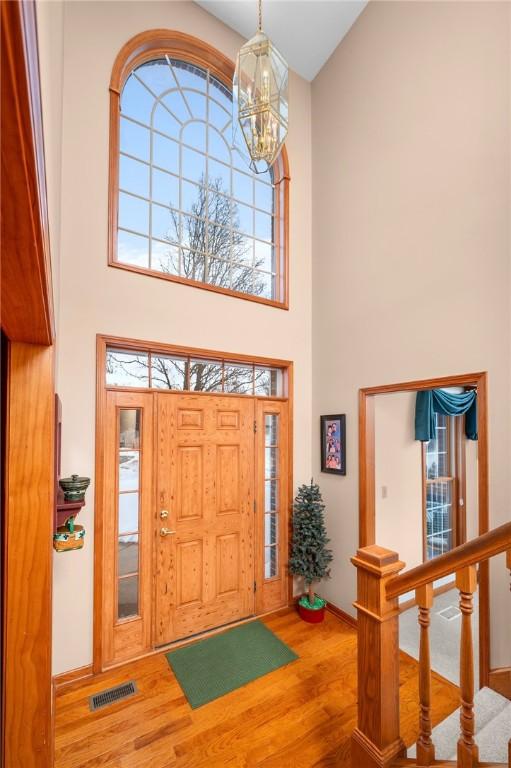 2 Rosewood Ct, Paris, IL 61944 - foyer entrance with plenty of natural light, wood-type flooring, a towering ceiling, and a chandelier