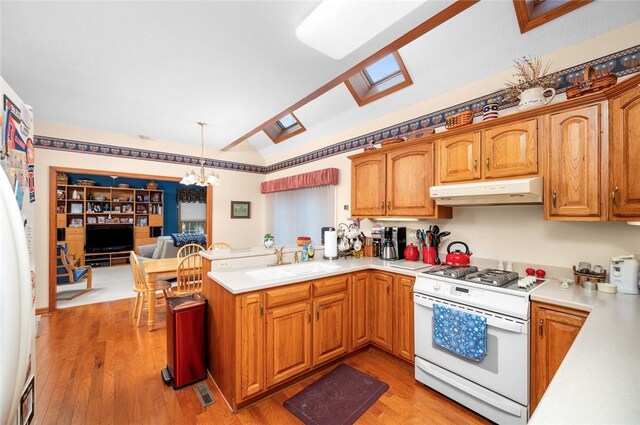 2 Rosewood Ct, Paris, IL 61944 - kitchen with light wood-type flooring, white appliances, sink, decorative light fixtures, and an inviting chandelier