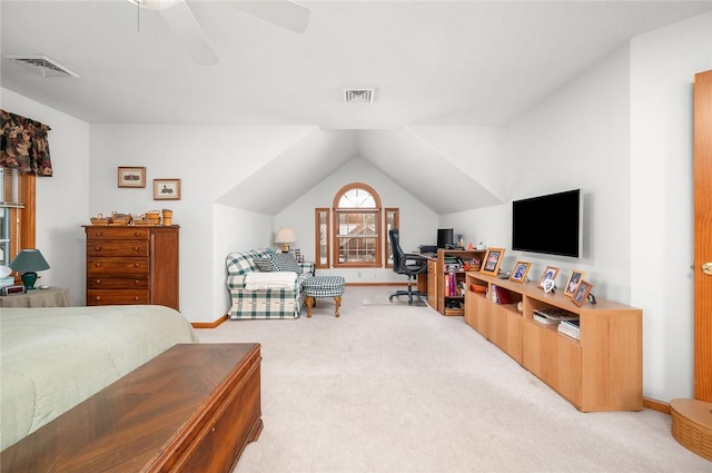 2 Rosewood Ct, Paris, IL 61944 - bedroom with ceiling fan, light carpet, and lofted ceiling
