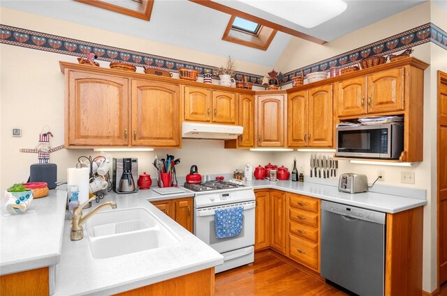 2 Rosewood Ct, Paris, IL 61944 - kitchen with lofted ceiling with skylight, sink, light wood-type flooring, and appliances with stainless steel finishes