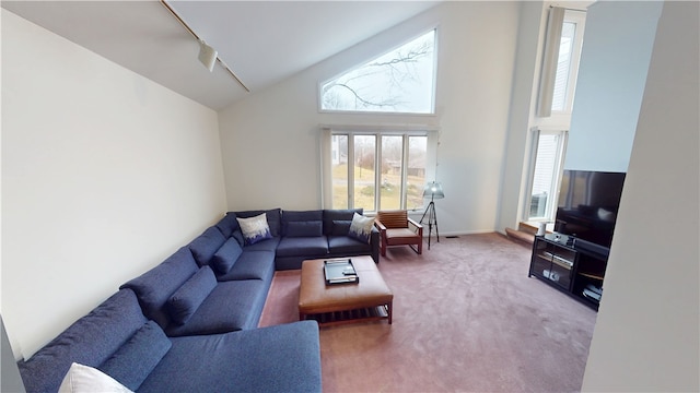 living area featuring high vaulted ceiling, rail lighting, light carpet, and baseboards