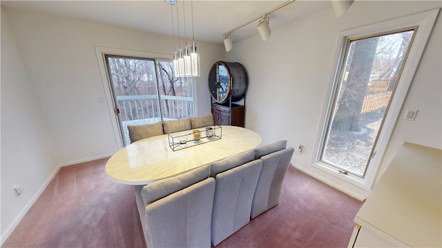 dining space with rail lighting, carpet flooring, and baseboards