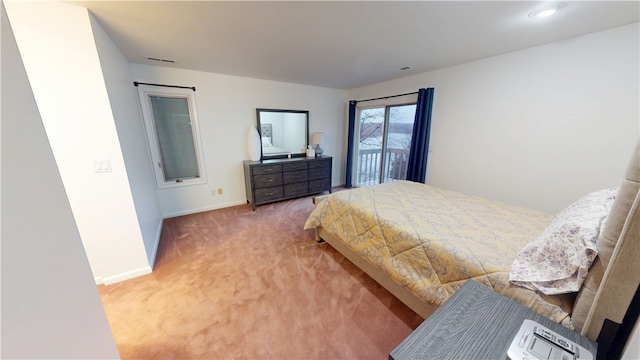 bedroom featuring access to exterior, carpet, visible vents, and baseboards