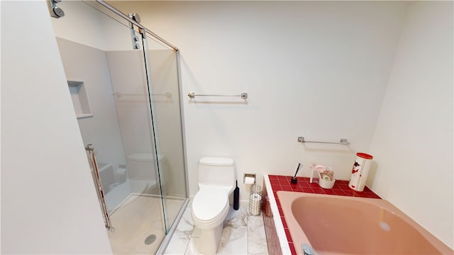 bathroom with toilet, a stall shower, marble finish floor, and a bath