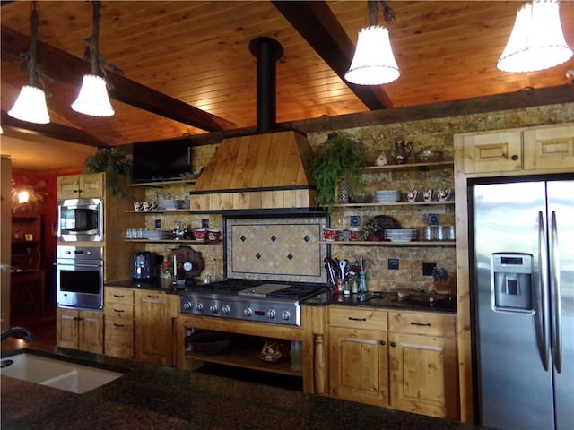 2277 County Highway 3, Findlay, IL 62534 - kitchen featuring appliances with stainless steel finishes, open shelves, exhaust hood, decorative backsplash, and a wooden ceiling with exposed beams