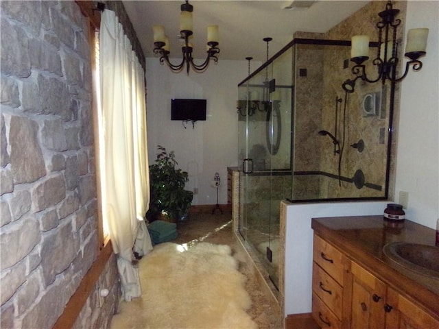 2277 County Highway 3, Findlay, IL 62534 - bathroom featuring a chandelier, a shower stall, and vanity