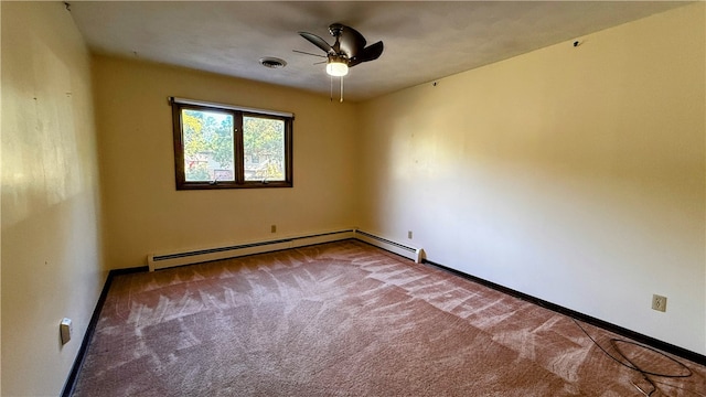 carpeted spare room featuring ceiling fan and a baseboard heating unit