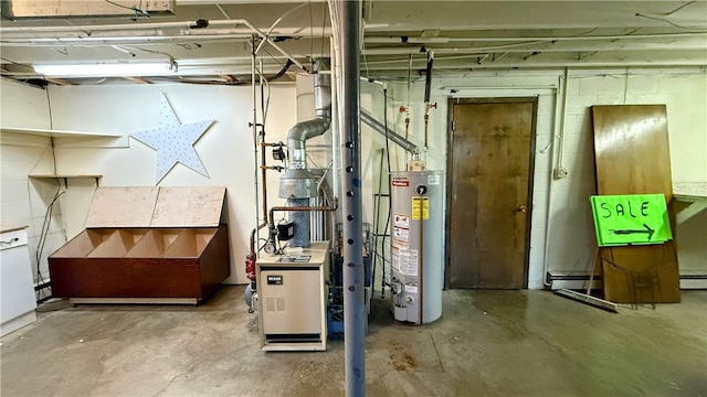 utility room with gas water heater and a baseboard heating unit