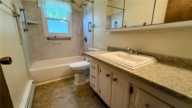 full bathroom featuring vanity, toilet, tiled shower / bath, and a baseboard heating unit