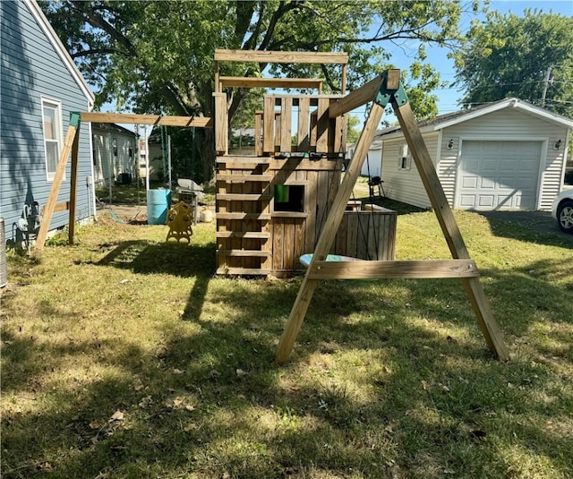 view of play area featuring an outdoor structure and a lawn