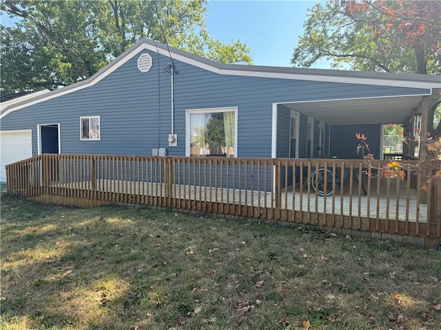 view of home's exterior featuring a lawn and a wooden deck