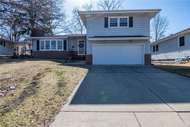 view of front of house featuring brick siding, a chimney, concrete driveway, and an attached garage