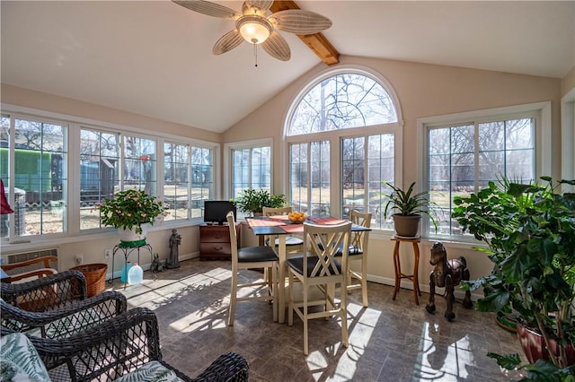 sunroom / solarium featuring lofted ceiling with beams and a ceiling fan