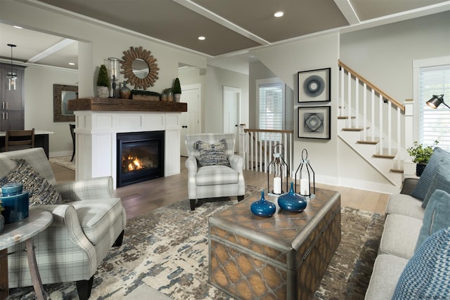 living room featuring crown molding and dark wood-type flooring