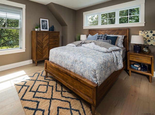 bedroom featuring multiple windows and light hardwood / wood-style flooring